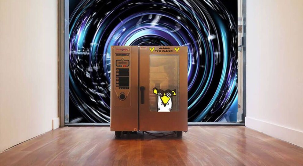 Mr.Q in time machine at new HQ at Kings Cross